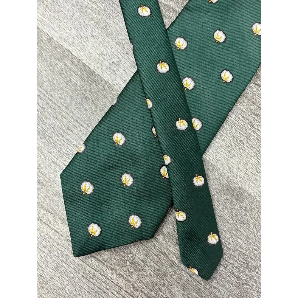Cotton Boll 2 Tie Lot 100% Silk Made USA Navy Green Cotton Motif 3.75